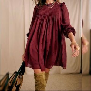 NWT Sézane Eve Dress in plum with Navy dots Size 2